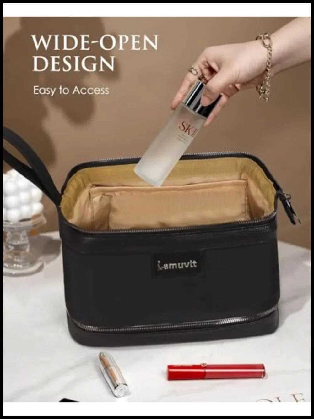 Water-Resistant Faux Leather Double-Layer Travel Toiletry Bag Cosmetic Organizer